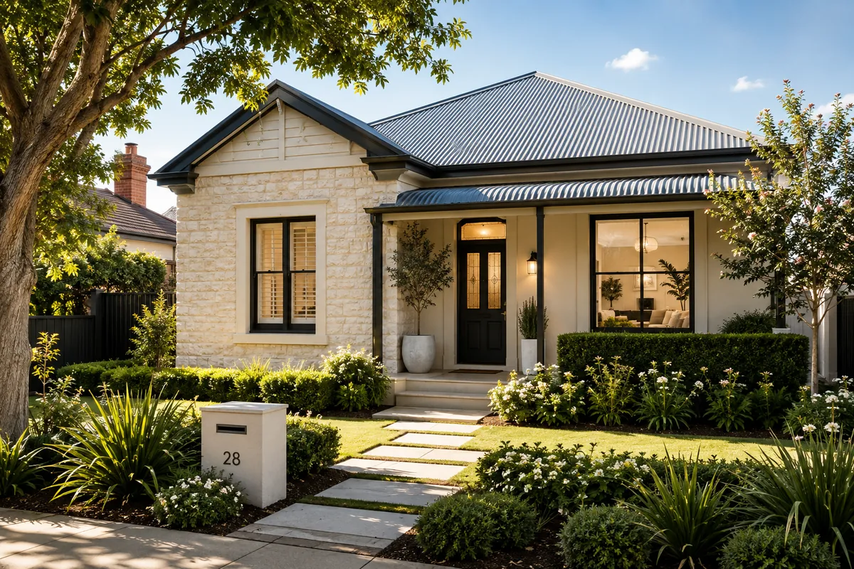 Contemporary stone-fronted Australian home with established front garden in warm afternoon light