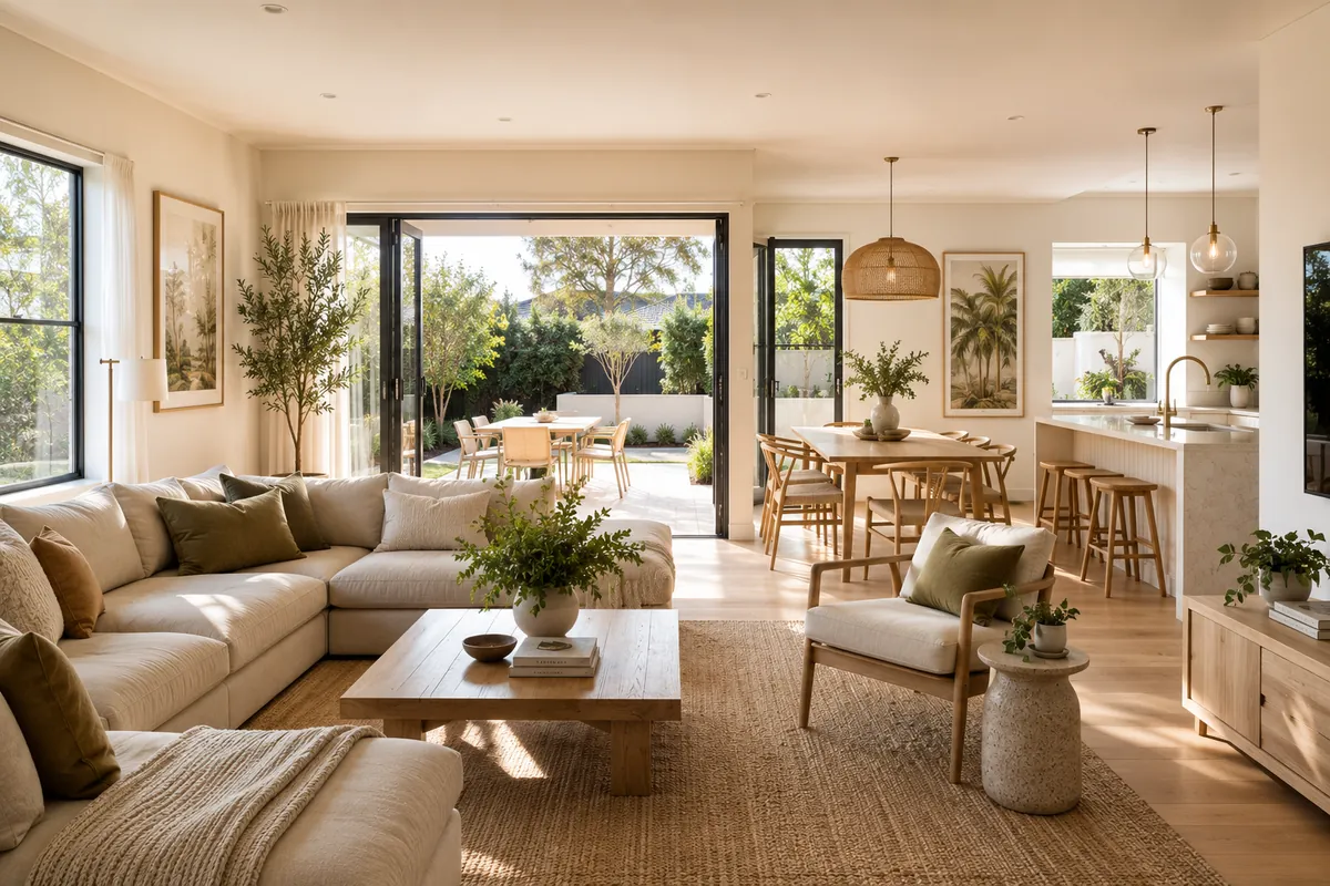 Warm open-plan Australian living and dining space opening onto a garden through wide glass doors