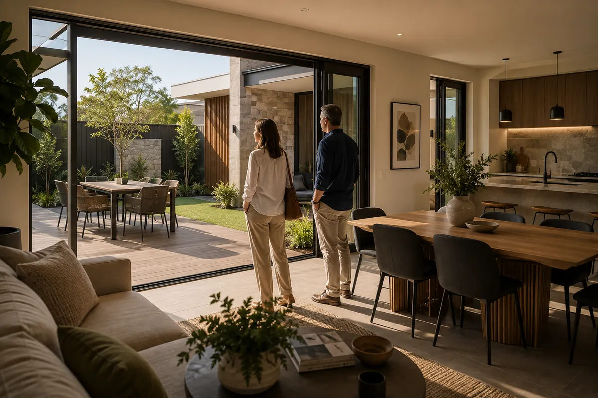 A couple pausing to take in a light-filled contemporary home that opens onto a garden and outdoor dining area