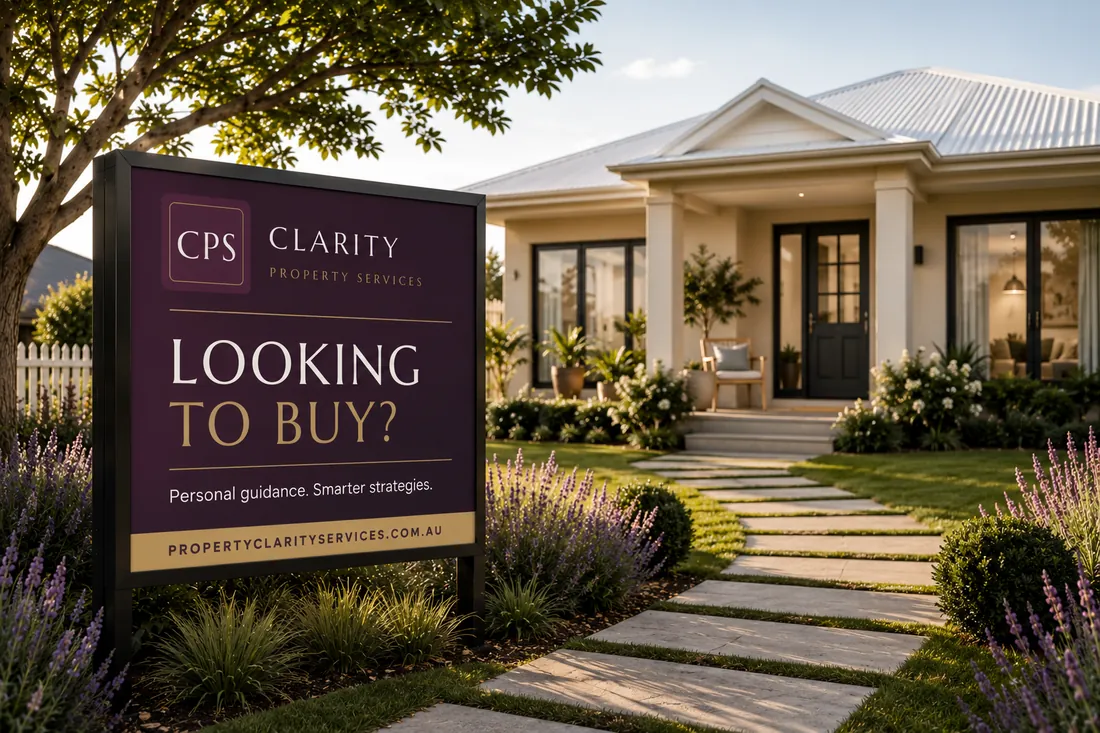 Clarity Property Services signage reading Looking to Buy — Personal guidance. Smarter strategies. — in front of a contemporary home