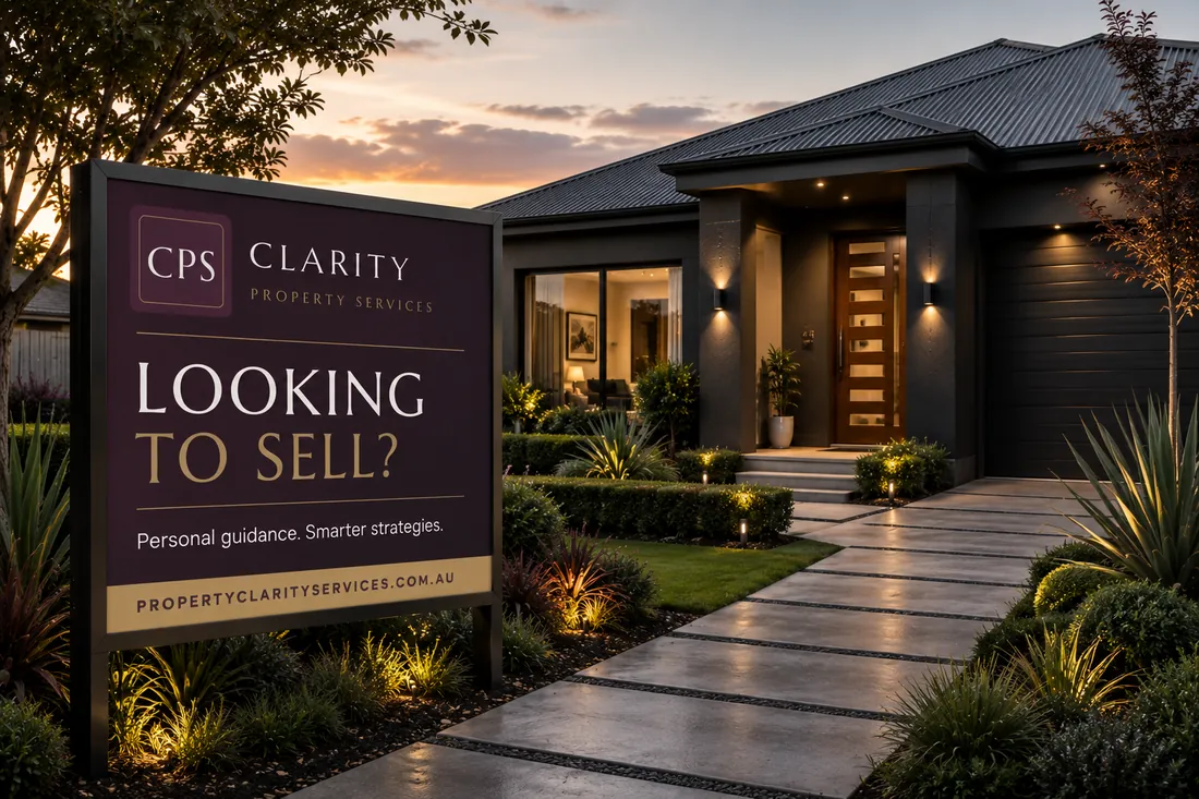 Clarity Property Services signage reading Looking to Sell — Personal guidance. Smarter strategies. — outside a modern home at dusk